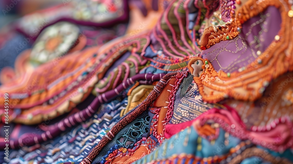Close-up of a vibrant, intricate fabric art piece made from recycled textiles, an eco-friendly masterpiece.