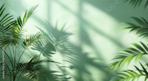 Palm leaves and their shadows, light soft cosmetic background, perfect for advertising cosmetics and makeup products, copy space, place for text