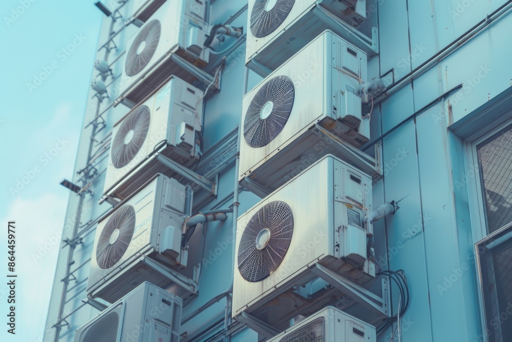 Exterior view of air conditioning units installed on the side of a building, providing cooling and ventilation Exterior view of air conditioning units installed on the side of a building, providing cooling and ventilation