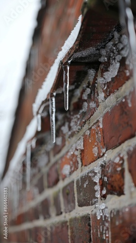 Icicles hanging from a brick wall during winter photo