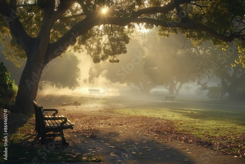 Empty Benches on a Misty Morning Path in a Park