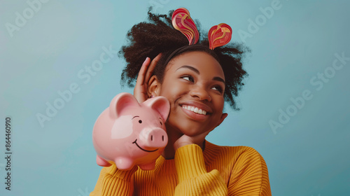 Wallpaper Mural Studio portrait of happy smiling black woman holding pink piggy bank with savings to her ear, listening to sound of coins clinking inside, anticipating spending whole lot of money on fulfilling dreams Torontodigital.ca