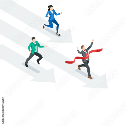 isometric vector business people running along arrows and finishing tape, in color on white background, leader and competitors or winner in competition