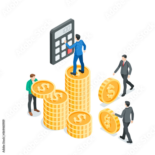isometric vector business men with coins and a calculator, in color on a white background, overall budget or financial growth