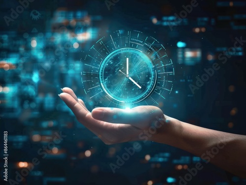Clock on hand time data digital clock management planning business and time concept