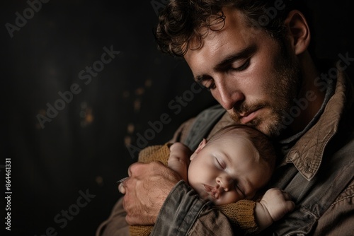 A man cradling a newborn baby in his arms