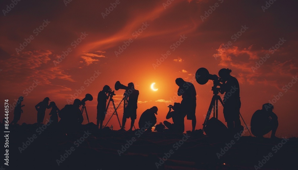 Silhouetted group on beach observes sun eclipse through telescopes, stark contrast with bright Silhouetted group on beach observes sun eclipse through telescopes, stark contrast with bright