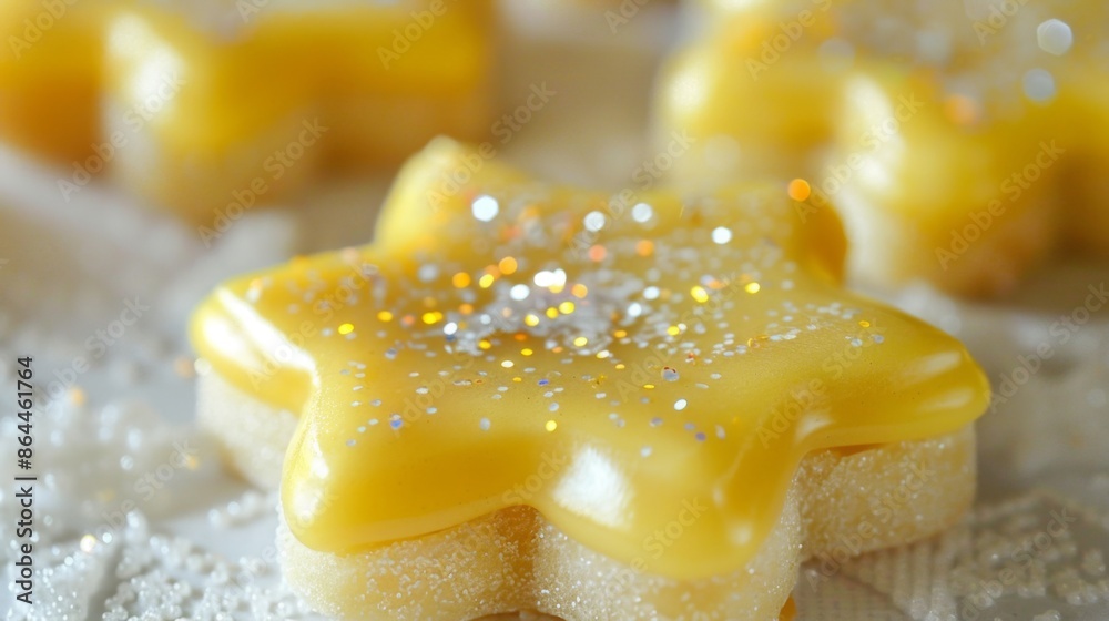 Star-shaped mochi doughnuts with yellow glaze and edible glitter Star-shaped mochi doughnuts with yellow glaze and edible glitter