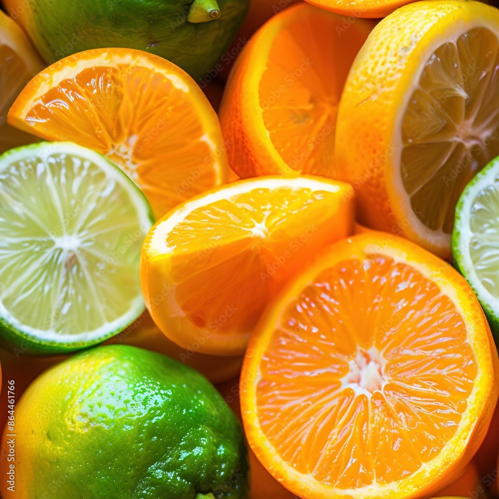 Fototapeta premium A pile of oranges, limes, and lemons, halved
