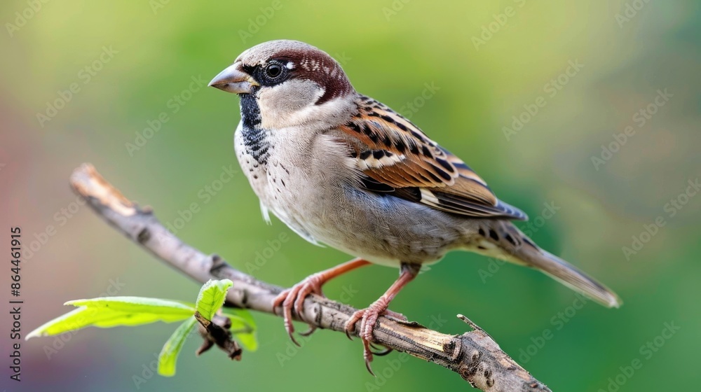A small bird is perched on the branch of a tree, looking around