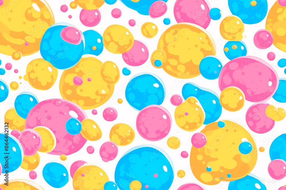 Seamless pattern with multicolored paint bubbles in yellow, blue, and pink on a white background. The bubbles vary in size and overlap slightly, creating a playful and vibrant texture. Seamless pattern with multicolored paint bubbles in yellow, blue, and pink on a white background. The bubbles vary in size and overlap slightly, creating a playful and vibrant texture.