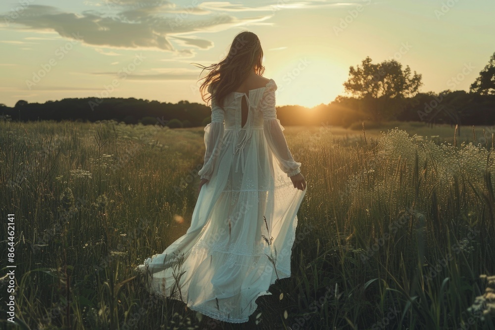 A woman in a white dress walking through a green field with flowers and trees A woman in a white dress walking through a green field with flowers and trees