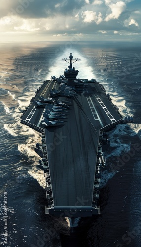 Ultra sharp image of a military navy ship carrier with fighter jets, symbolizing cutting-edge