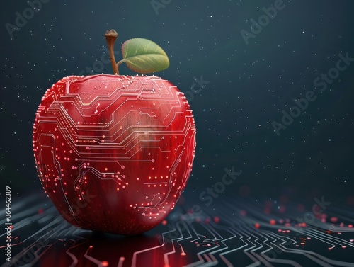 Futuristic red apple fruit with circuit big data technology. AI generated image photo