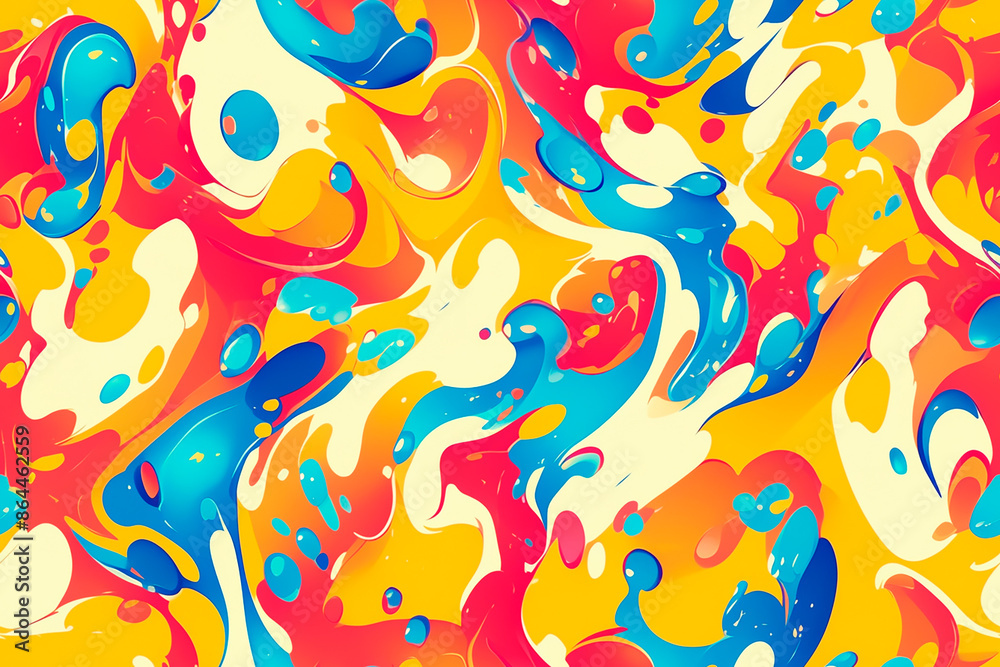 A vibrant and dynamic seamless pattern featuring multicolored swirls and splashes of red, yellow, blue, and white paint.