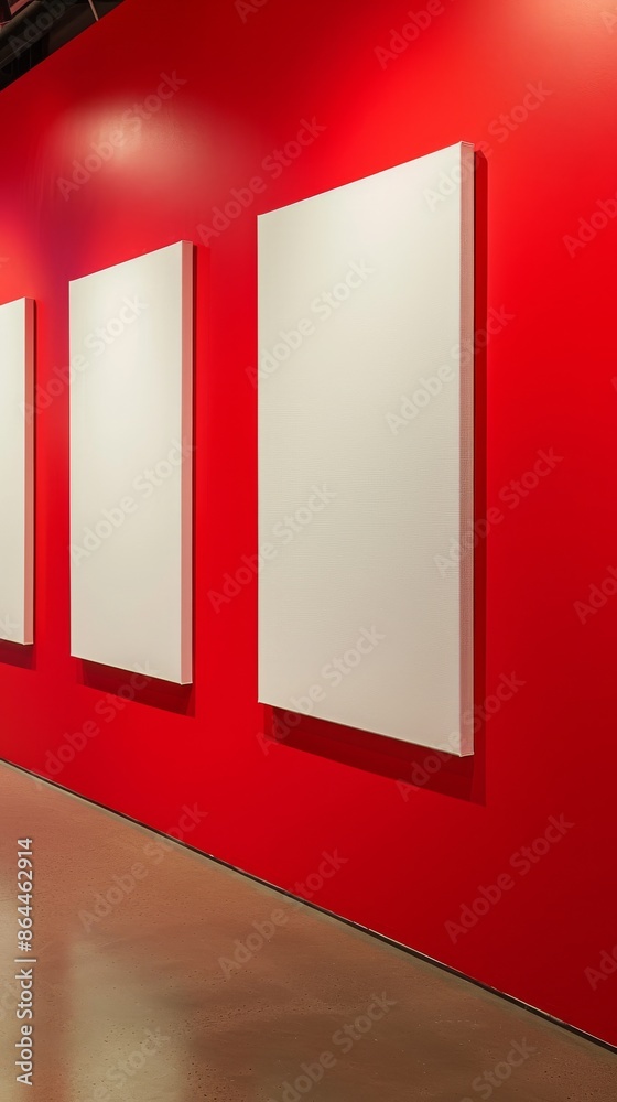 Contemporary art gallery with blank canvases on vibrant red wall, modern interior design concept Contemporary art gallery with blank canvases on vibrant red wall, modern interior design concept