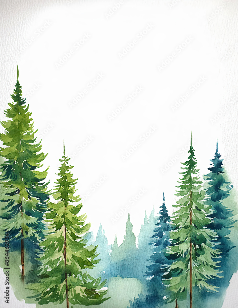 Fototapeta premium Trees Landscape Watercolor Border Painting, Page Frame Trim, Graphic Resource