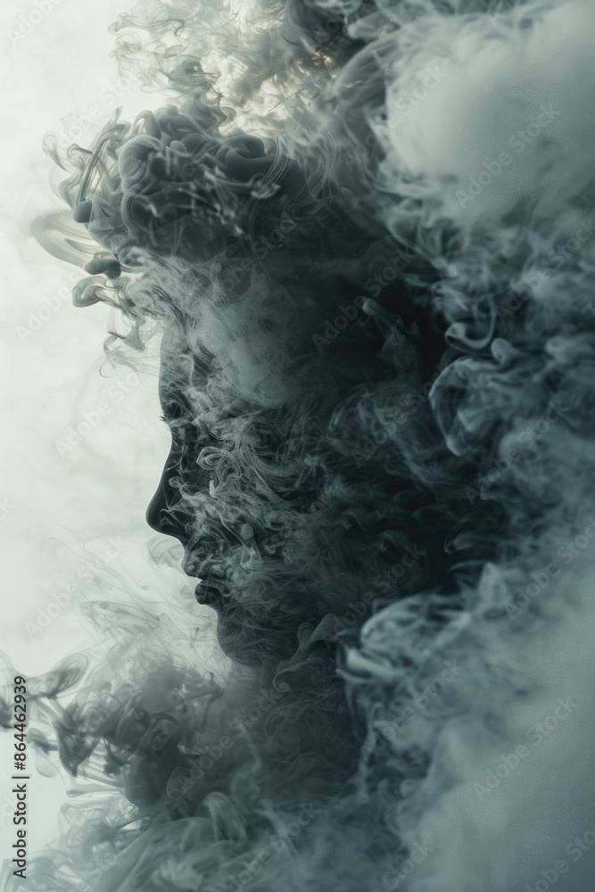 A person's face is obscured by thick smoke, suitable for use in scenes of crisis or emergency A person's face is obscured by thick smoke, suitable for use in scenes of crisis or emergency