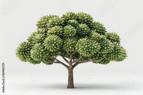 A durian tree with its distinctive fruit set against a clean white backdrop
