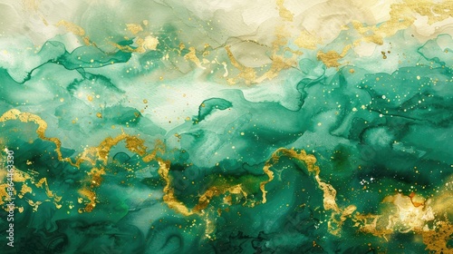 Abstract handmade surface with green and gold liquid watercolor waves Different watercolor paint in close up view
