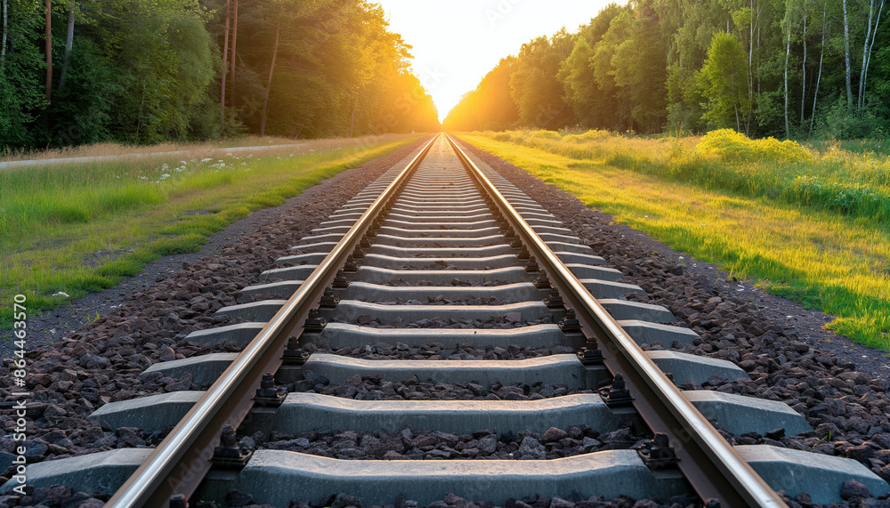 Obraz premium Railway Tracks Leading to a Golden Sunset