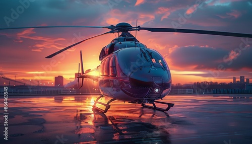 Silver Helicopter Parked on Helipad at Sunset