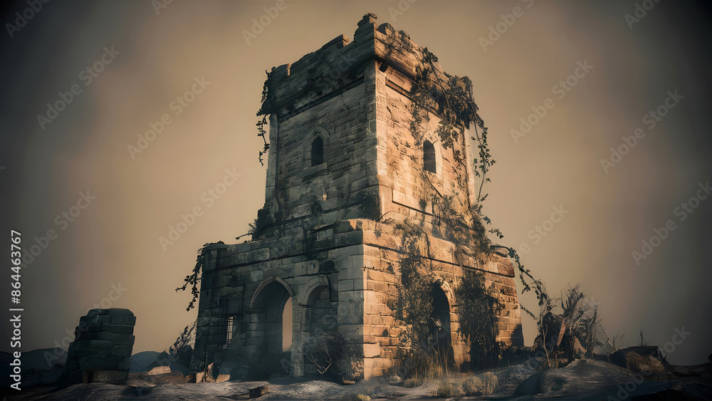 A high-quality photo of an old, destroyed watchtower A high-quality photo of an old, destroyed watchtower