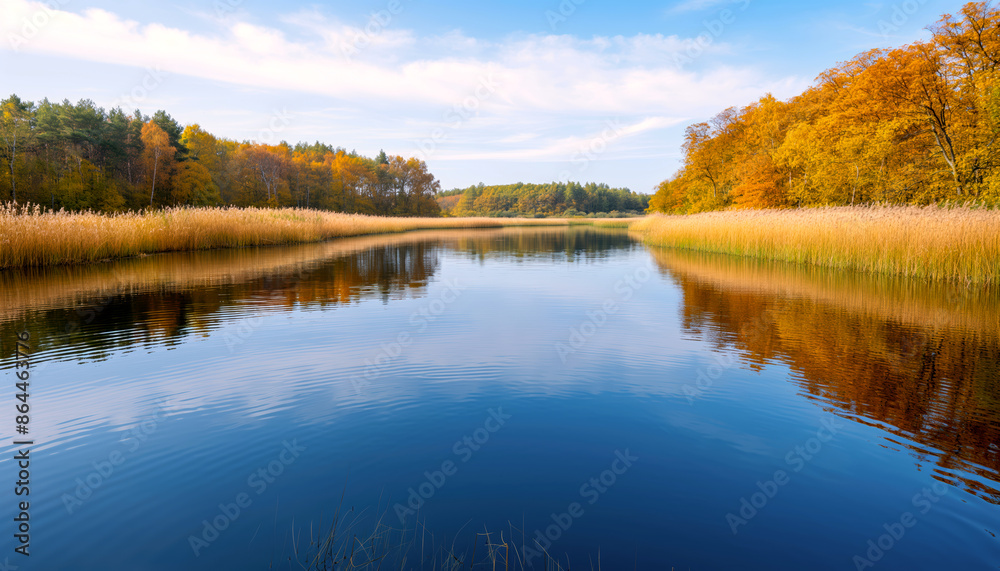 Serene Autumn River Reflecting Golden Trees Serene Autumn River Reflecting Golden Trees