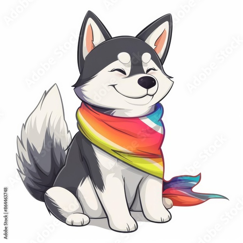 Cute kawaii style Siberian Husky wearing a colorful bandana, wagging its tail, on a pure white background