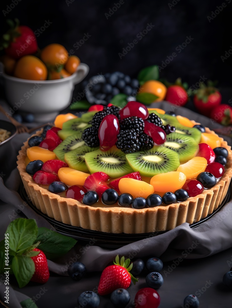 Vibrant Mixed Fruit Tart with Kiwi, Berries, and Peach Glaze. Vibrant Mixed Fruit Tart with Kiwi, Berries, and Peach Glaze.