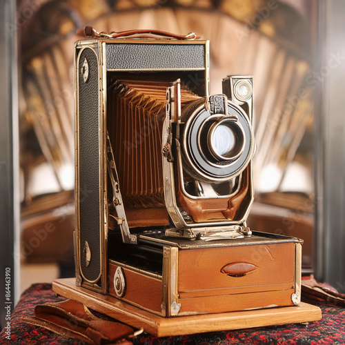 It depicts the old sensibility of a very old camera in a space with a classical background