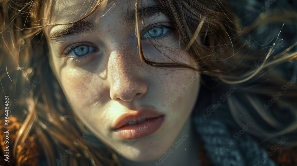 A close-up shot of a woman's face with visible freckles A close-up shot of a woman's face with visible freckles