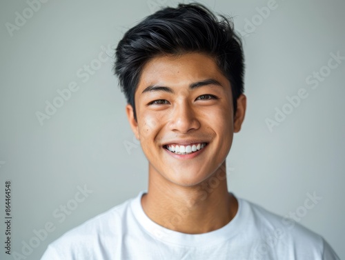 Portrait of young handsome Asian man smiling and looking camera with confidence. © Johannes