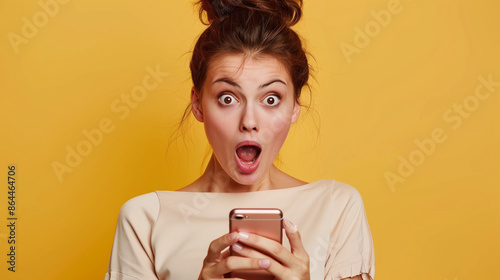 
WOW. Beautiful woman looks at mobile phone with surprised open mouthed expression as she wins prize, earns money, sees unbelievable post on social media, watches shocking video, or finds special offe photo