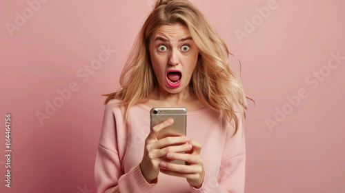 
WOW. Beautiful woman looks at mobile phone with surprised open mouthed expression as she wins prize, earns money, sees unbelievable post on social media, watches shocking video, or finds special offe photo