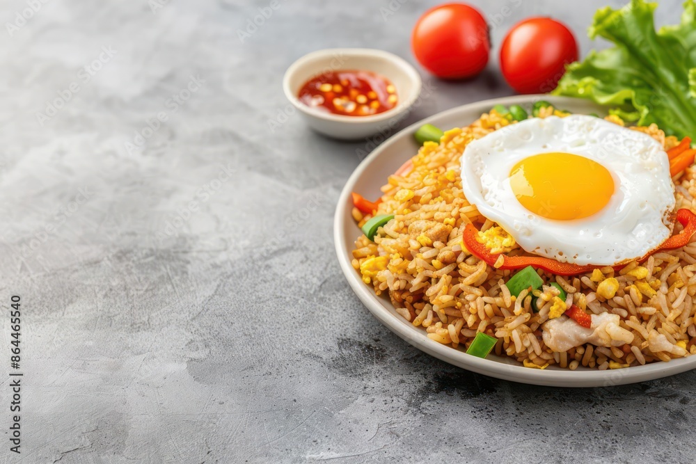 A plate of nasi goreng with fried egg on top, isolated with ample space for copy A plate of nasi goreng with fried egg on top, isolated with ample space for copy