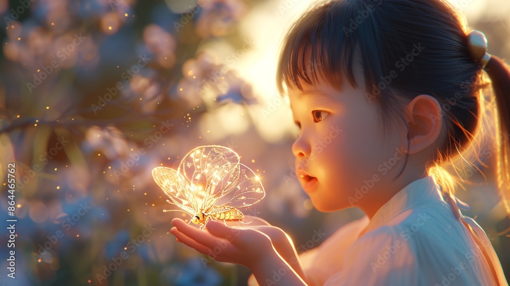 Naklejka premium Young Girl in Garden Holding Glowing Butterfly at Sunset in a Magical Moment