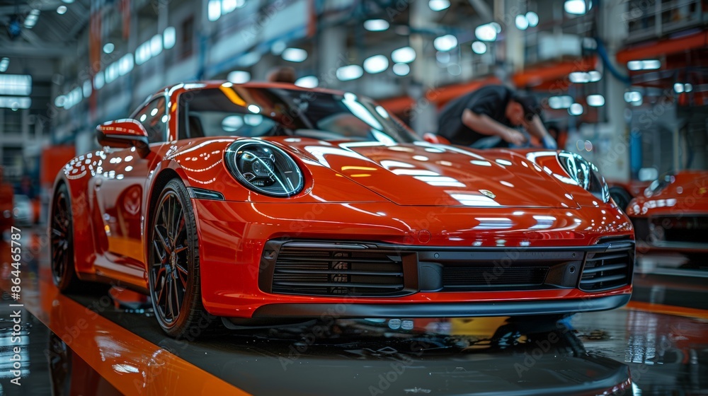 Red sports car in a factory setting