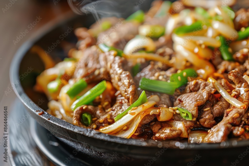 A sizzling plate of beef bulgogi with green onions, perfect for a banner with room for text A sizzling plate of beef bulgogi with green onions, perfect for a banner with room for text