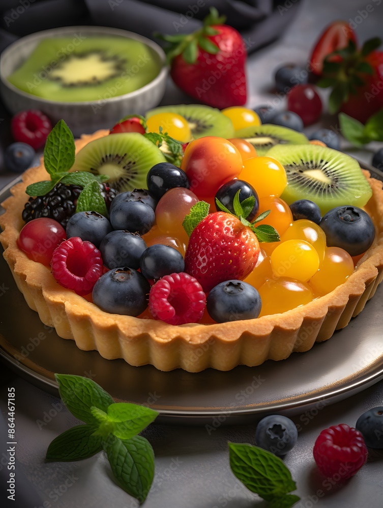Vibrant Mixed Fruit Tart with Kiwi, Berries, and Peach Glaze. Vibrant Mixed Fruit Tart with Kiwi, Berries, and Peach Glaze.