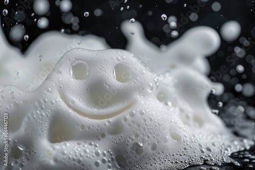 Close-up view of a soapy foam surface featuring a smiling face, useful for designs and illustrations photo