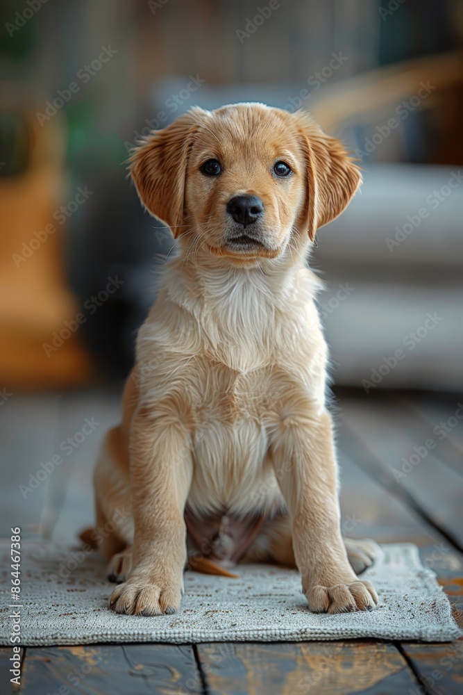 Golden retriever puppy sitting on rug Golden retriever puppy sitting on rug