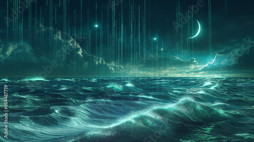 A vast ocean composed of shimmering binary code forming waves that crash and flow dynamically © Jirut