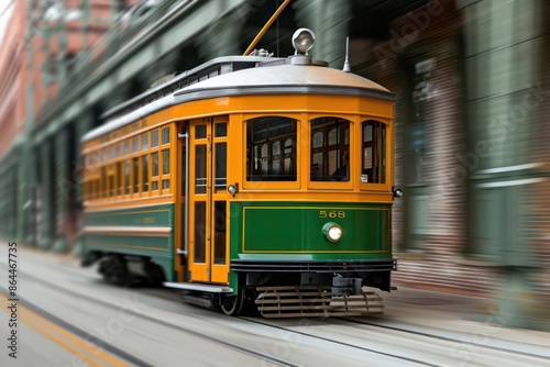 A trolley moving through a historic district, isolated with room for text