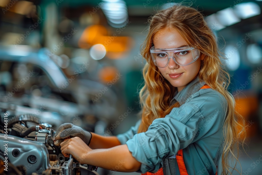 Female Mechanic Working on Engine in Auto Shop Female Mechanic Working on Engine in Auto Shop