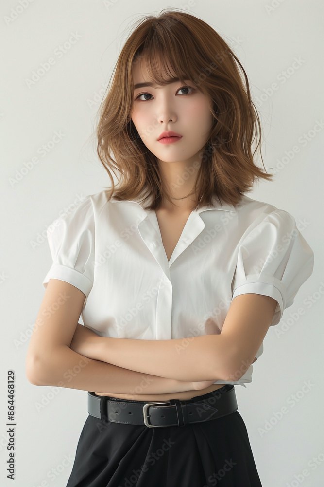 An Asian University Student Standing in bright university classroom surround by school table and large whiteboard blurred in bokeh, her expression happy 