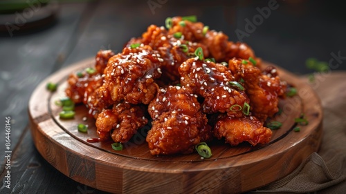 Spicy and Sweet Korean Chicken Feast. Perfectly garnished with sesame seeds and green onions.