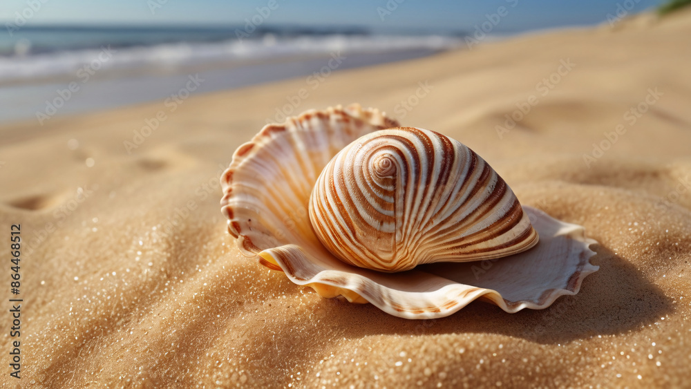 Seashell on a sandy beach at sunset, capturing tranquility and the beauty of nature. Seashell on a sandy beach at sunset, capturing tranquility and the beauty of nature.
