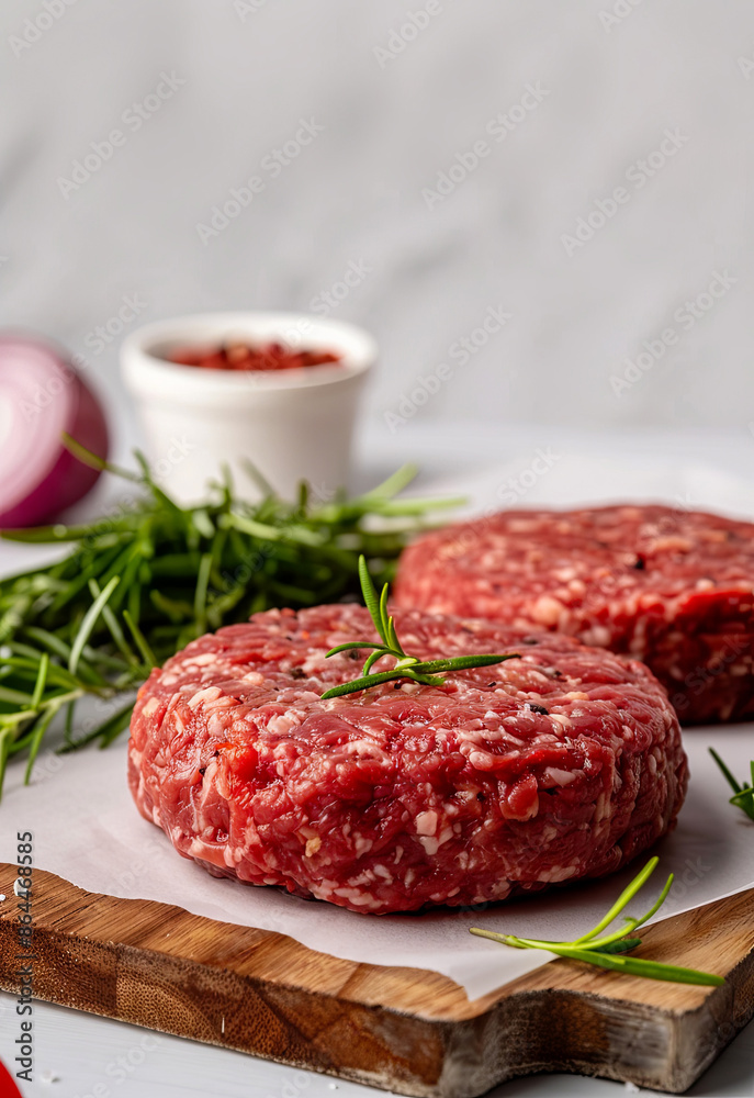 Two raw burger patties on crumpled parchment paper, vertical poster with space for advertising and concept about healthy wholesome food, products from own farms Two raw burger patties on crumpled parchment paper, vertical poster with space for advertising and concept about healthy wholesome food, products from own farms