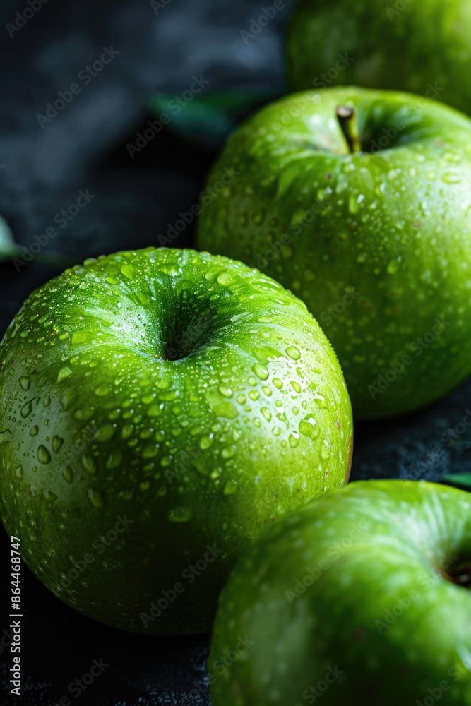 A collection of green apples placed on a flat surface, ideal for use in food or lifestyle photography A collection of green apples placed on a flat surface, ideal for use in food or lifestyle photography
